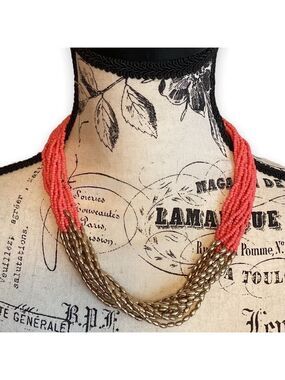 Charming Charlie Necklace Multi Strand Coral & Gold Bead 18”